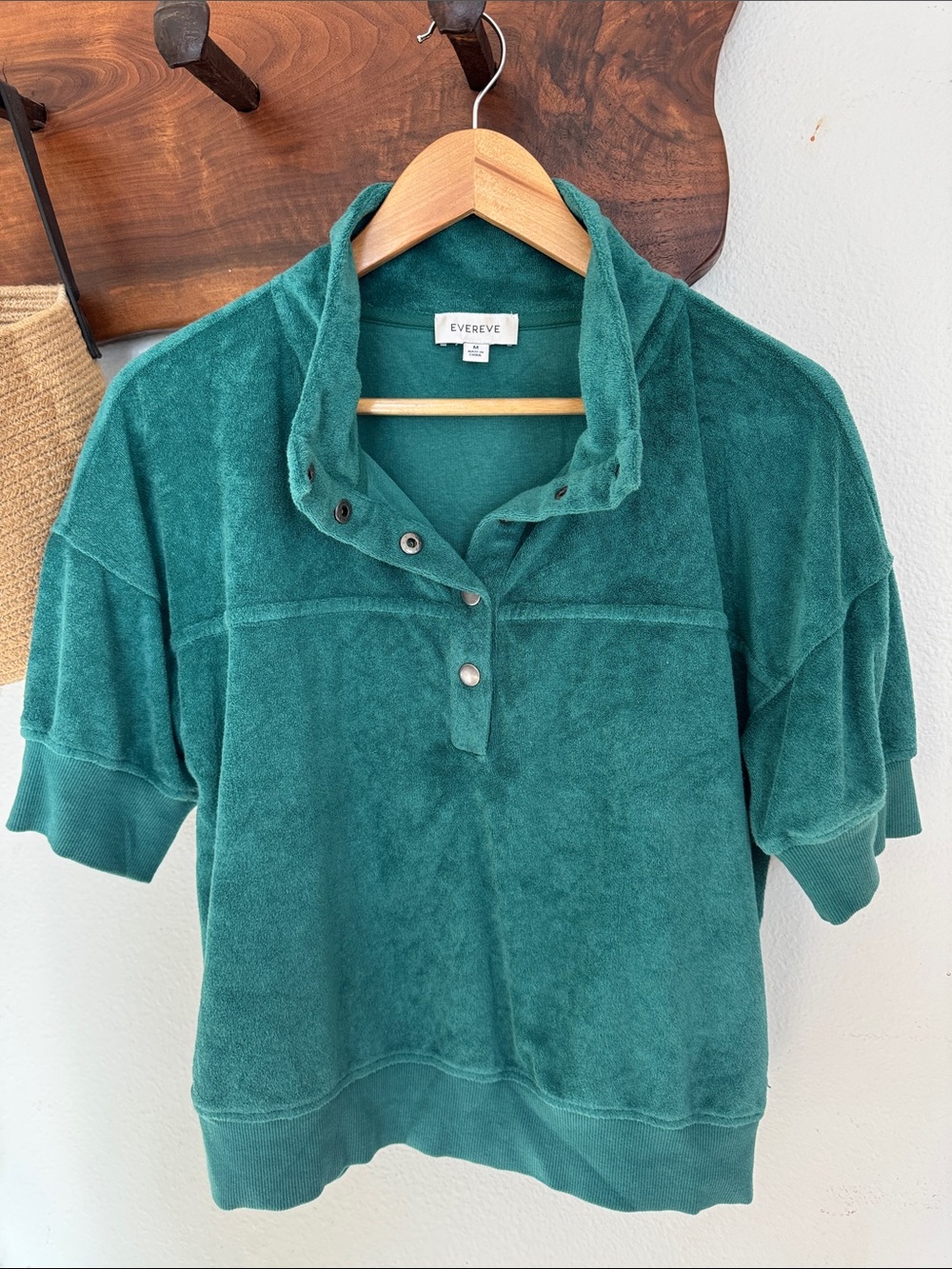 EVEREVE Charli Terry Snap-Neck Short Sleeve Pullover Teal Green M
